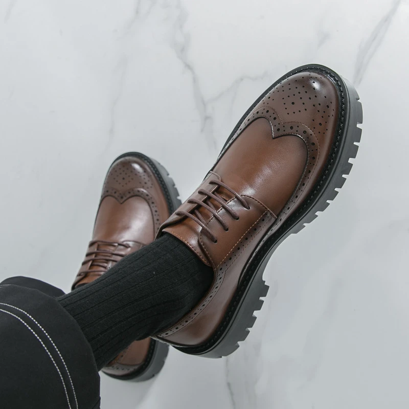 Chaussures Derby Brogue en Cuir pour Hommes, Style Classique Vintage, Semelle Épaisse, Chaussures Habillées Décontractées pour Affaire